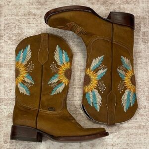 Women's Brown Suede Cowboy Boots with Turquoise & Yellow Sunflower Embroidery